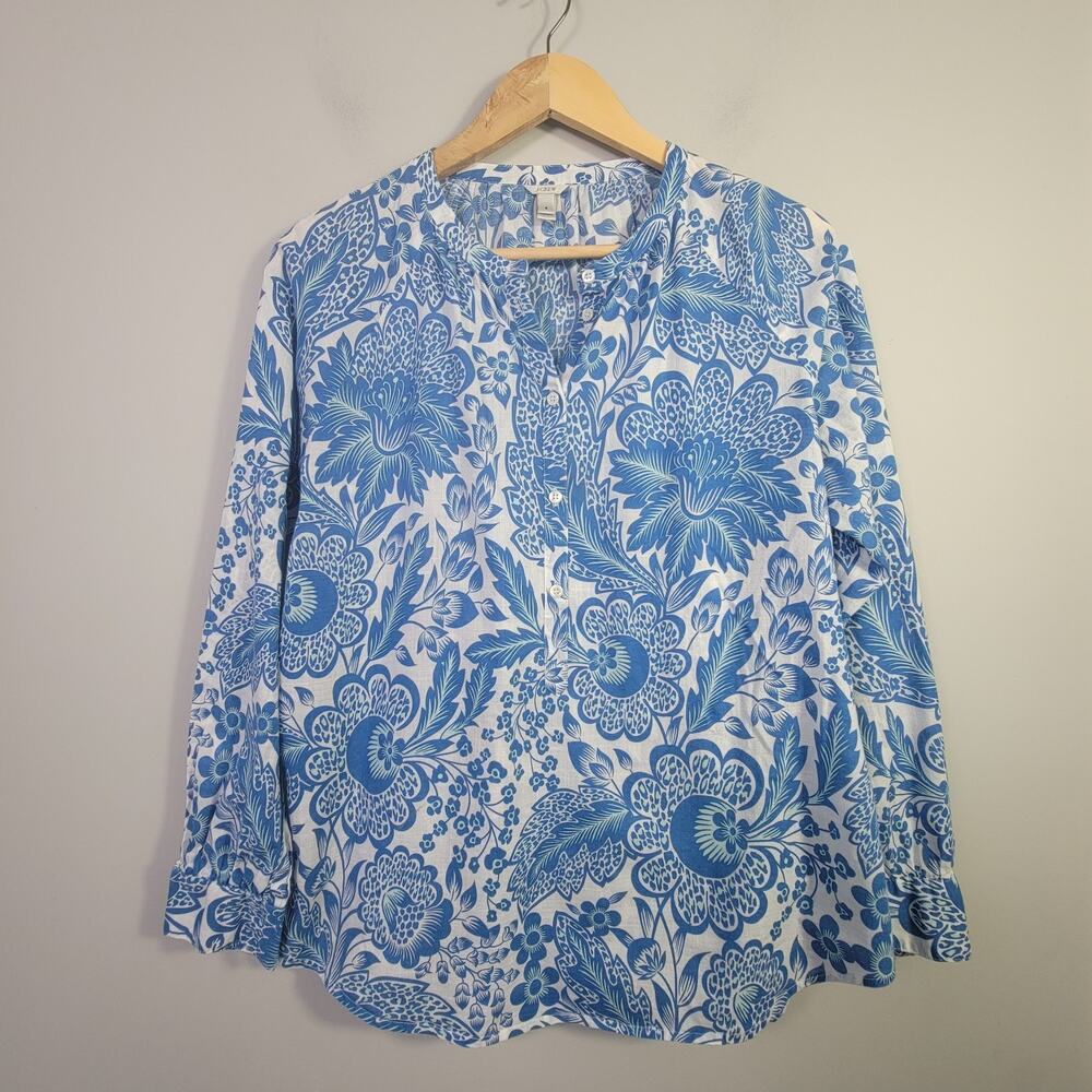 J. Crew Womens 6 Long Sleeve Popover Top Shirt Blue White